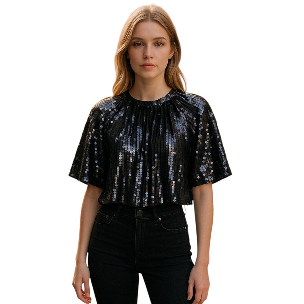 Needle & Thread NWT Blue Sequin Jacket Top Scarlett Cropped Medium / Large